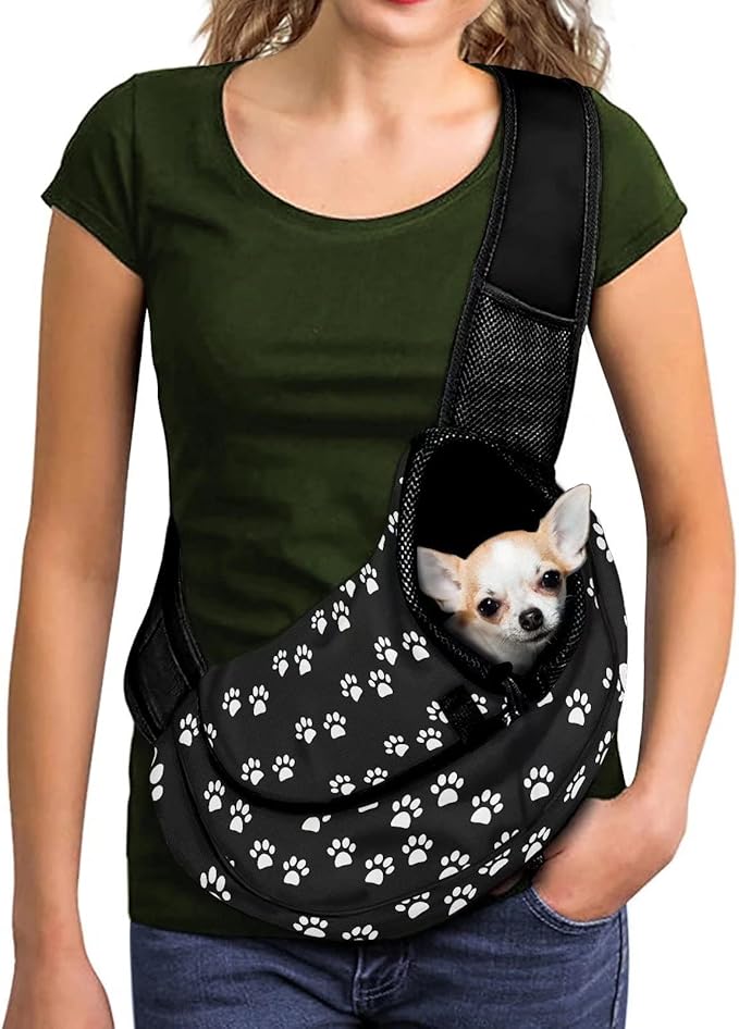 FUSURIRE Black White Puppy Paws Sling Bag Carrier for Pets Cats Dogs Cute Front Pocket Travel Safe Breathable Mesh Pet Carrier with Adjustable Strap and Plug Hook Design