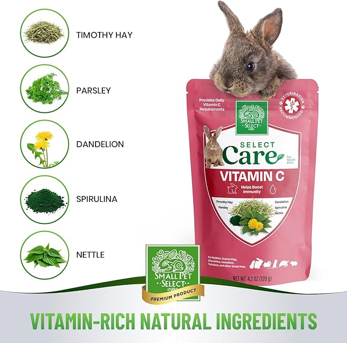Small Pet Select - Select Care Vitamin C Support Supplement, Natural High Fiber Timothy Hay Based Treats for Rabbits, Guinea Pigs, Hamsters, Other Small Animals, 4.2 oz