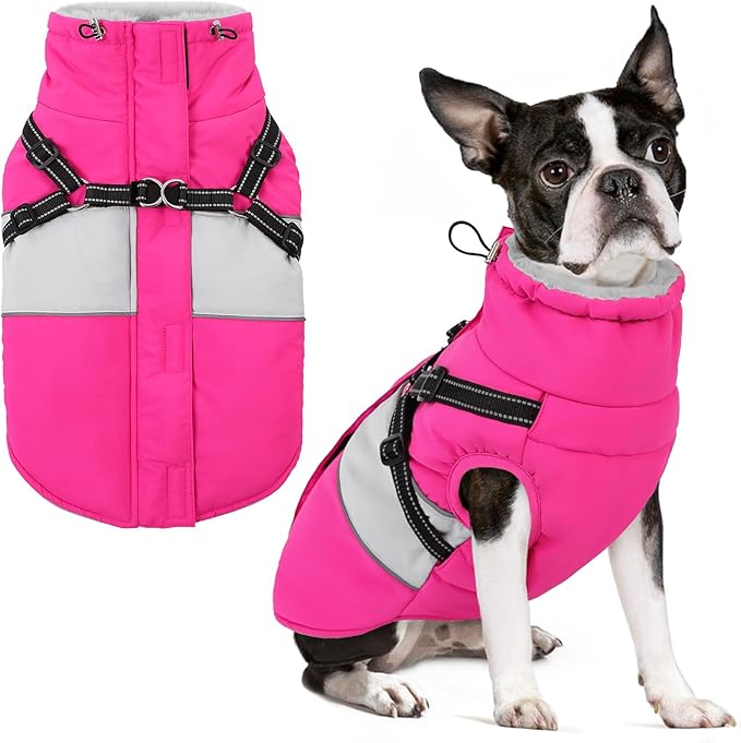 Small Dog Coat with Harness Built in, Warm Dog Jacket Winter with Zipper On Back, Waterproof Pet Snow Jacket Snowsuit Pet Sweater Clothes for Schnauzer, Yorkshire Terrier, Hot Pink S