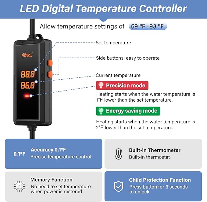 hygger 200w Aquarium Heater, Submersible Fish Tank Heater with Intelligent Temperature Control and Leaving Water Automatically Stop Heating System, for 20-40 Gallon Tanks