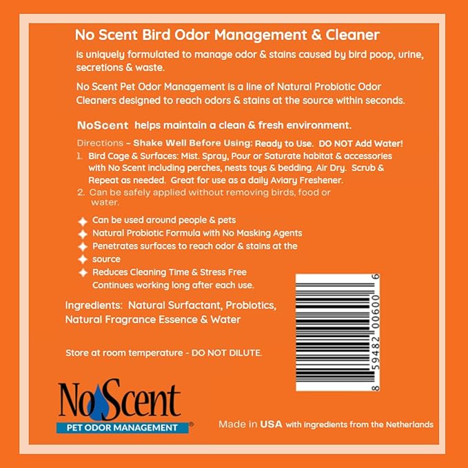 No Scent Bird Cage Cleaner Spray & Pet Odor Management, Natural Aviary Freshener (128 Fl Oz / 3.8 Liter) Gallon