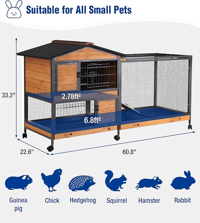 Large Rabbit Hutch Indoor with Chew-Proof Full Metal Frame, Bunny Cage Outdoor with 2-Story Guinea Pig Cages with 6 Wheels, 3 Pull-Out Trays, Waterproof Asphalt Roof, 62" L - Orange