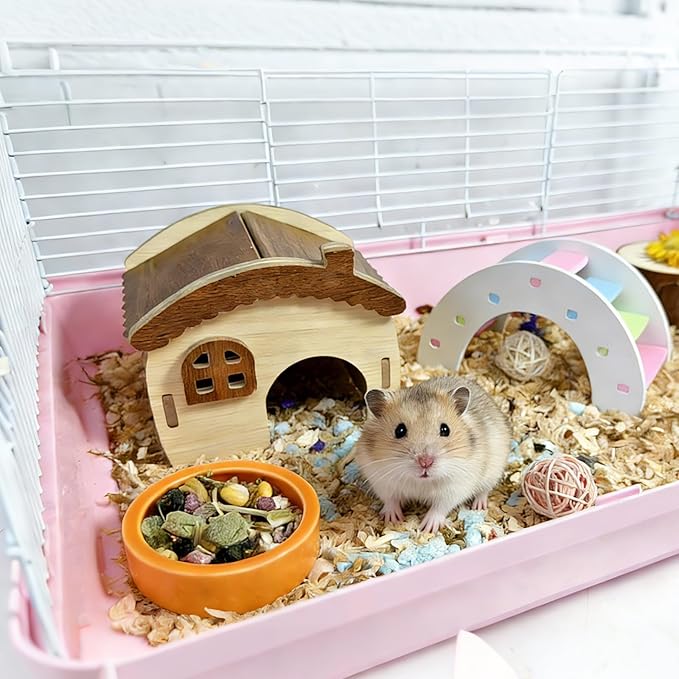 2PCS Hamster Hideout Hamster Wood House Maze Platform Detachable Cage Accessories for Dwarf Hamster Rat Gerbil Sugar Glider