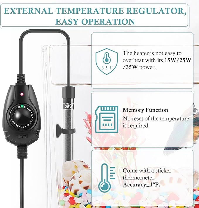 HITOP 35W Super Mini Aquarium Heater: Adjustable Heater for Small Fish Tank 4-10Gallons, with External Controller, Betta Heater for Fish Bowls(35W)