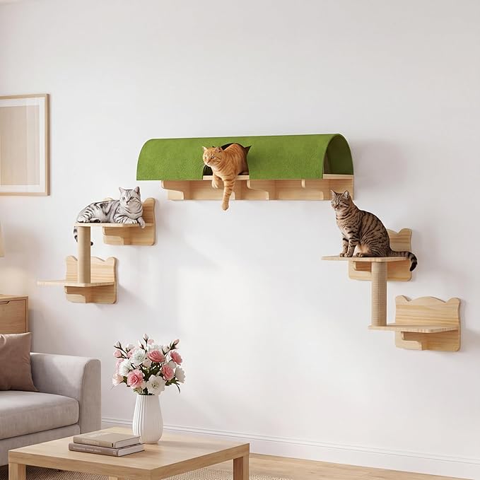 Cat Wall Shelves with Tunnel, 7-in-1 Solid Wood Wall Mounted Cat Furniture with Scratching Post, Cave & Steps, Multi-Level Cat Climbing Wall Systems, Space Saving, Floating Cat Shelves