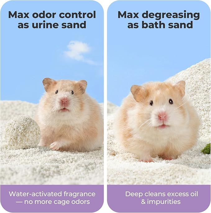 mini&moe Hamster Sand Bath - Odor Control Bathing Sand Ultra Fine <3mm Particles Non-Stick Clumping, Fragrance Release, Dual-Use Bath & Litter for Small Pets, Parrots, Gerbils, Chinchillas