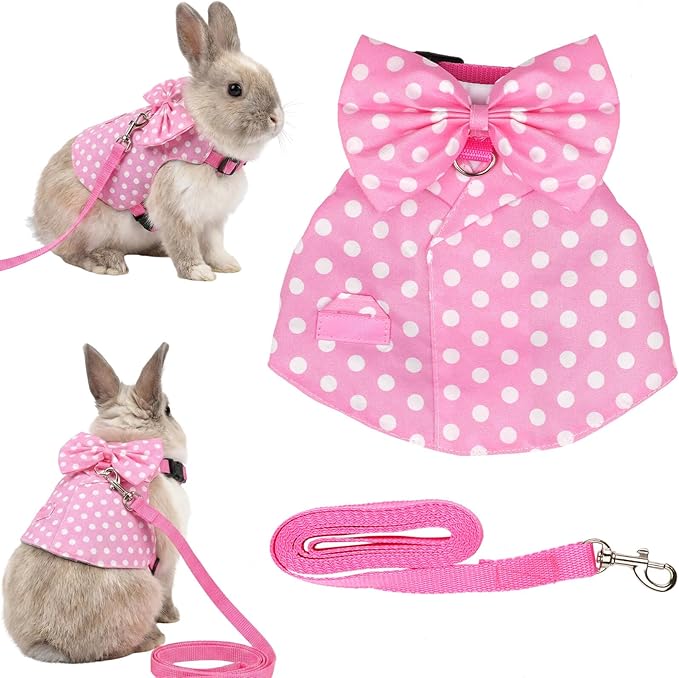 Bunny Harness and Leash Set, Soft Mesh Rabbit Harness with Bow, Adjustable Escape Proof Vest for Small Pets Rabbits Kittens Guinea Pigs (Pink Polka Dots, S)