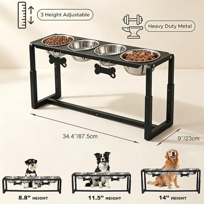 Metal Elevated Dog Bowls, Raised Dog Bowls for Medium/Large Sized Dogs with Four 58oz Stainless Steel Food Bowls, 3 Adjustable Height (8.8"/11.5"/14") Dog Bowl Stand Protect Neck & Joints