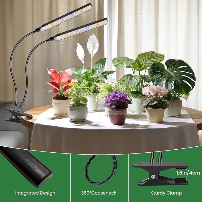 Kullsinss Clip-on Plant Lights for Indoor Growing, 114 LEDs 15W Grow Light | Black 2-Gooseneck Plant Lamp for Seed Starting, Full Spectrum Growing Lamp with Red Blue Yellow White LEDs, Timer & Dimmable