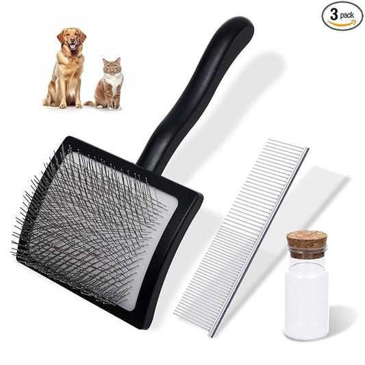 3PCS Slicker Brush for Dogs & Pet Comb,Professional Dog Grooming Brush (Goldendoodles,Poodles,Labradoodles) with Extra Long Pins to Effectively Remove Tangles, Knots,Mats Hair Collection Bottle(Black)