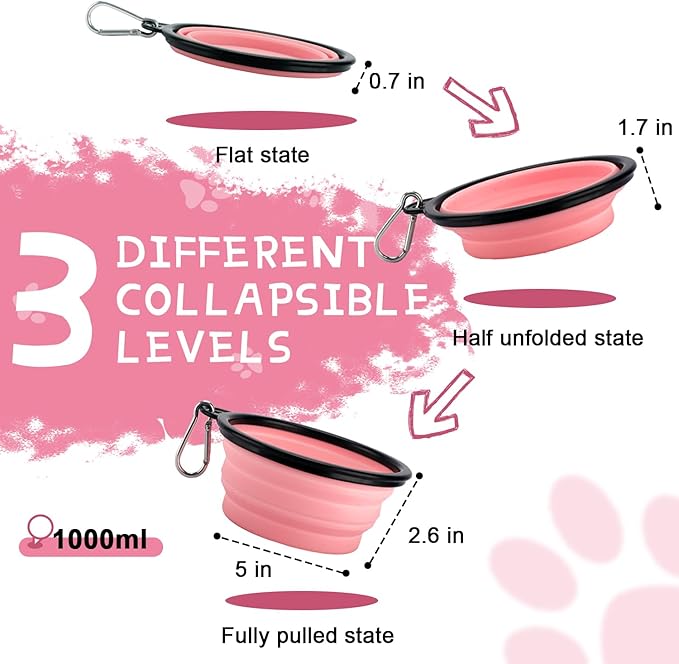 Collapsible Dog Bowls for Travel, 2-Pack Dog Portable Water Bowl for Dogs Cats Pet Foldable Feeding Watering Dish for Traveling Camping with Carabiners, BPA Free (Grey&Pink, Medium (Pack of 2))