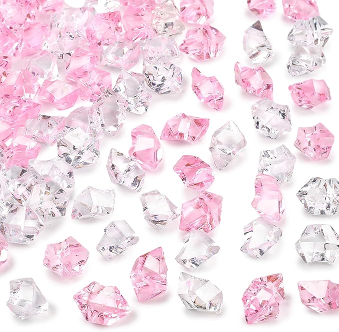DomeStar Pink and Clear Fake Ice Rocks, 150 PCS Acrylic Crystal Vase Filler | Fake Diamonds for Table Centerpieces Birthday Party Decor, Fish Tanks Decor Table Scatter DIY Craft Supplies