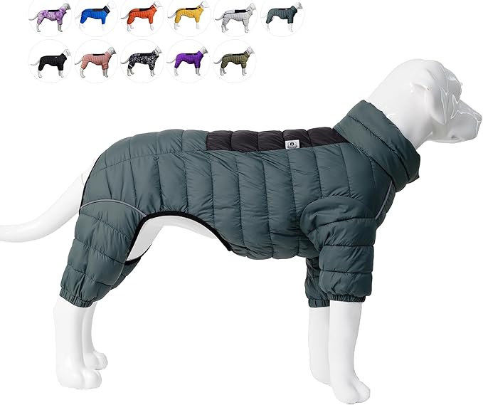 ArmyGreen Dog Jacket, 4-Legs Covered Waterproof Windproof Reflective Warm Dog Vest, Zippered Adjustable Outdoor Snow Jacket for Small/Medium/Large Dogs - XXXL
