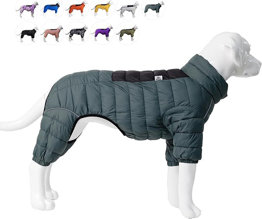 ArmyGreen Dog Jacket, 4-Legs Covered Waterproof Windproof Reflective Warm Dog Vest, Zippered Adjustable Outdoor Snow Jacket for Small/Medium/Large Dogs - XXXL