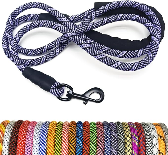 MayPaw Heavy Duty Rope Dog Leash, 3/4/5/6/7/8/10/12/15 FT Nylon Pet Leash, Soft Padded Handle Thick Lead Leashes for Large Medium Dogs (Purple Black, 1/2" * 8')