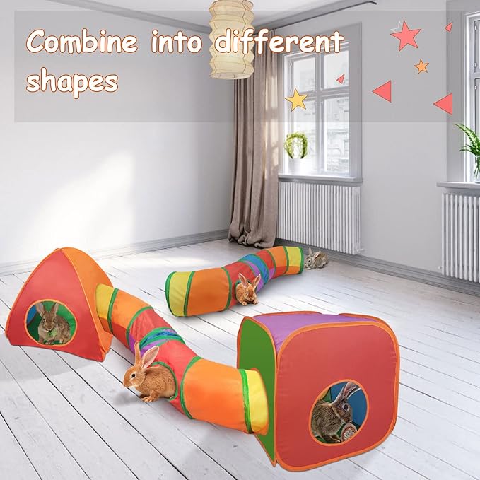 YUEPET Rabbit Tunnel and Cube Collapsible Tent Bunny Interactive Crinkle Tunnel Toys Small Animal Hideout with Play Ball for Dwarf Rabbit Bunny Guinea Pig (Rainbow)