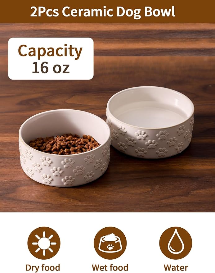 UBEE Small Dog Bowls Set of 2, 5.1 inch Ceramic Dog Dish Food Bowl, Pet Food Water Dish Feeding for Small Dogs and Large Cat, Paw Pattern, 5.1 in-Small, White