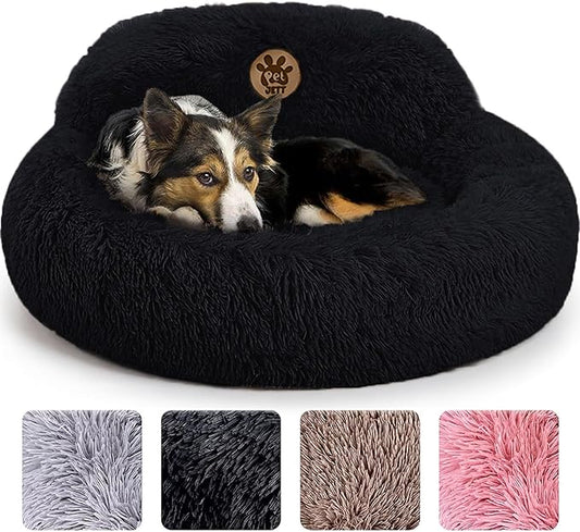 PetJett Calming Dog Bed Medium Size Dog - 30'' Donut Bed, Anti-Slip & Washable Super Soft Fluffy Plush Round Bed, Anti-Anxiety Premium Comfort Pet Bed, Fits Dogs up to 45 lbs - Black