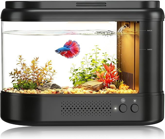 Betta Fish Tank Black 1 Gallon Acrylic Small Aquarium Kit | with Water Filter Pump & LED Light,Quiet Office Desktop Fish Bowl for Small Fish,Plants and Shrimp