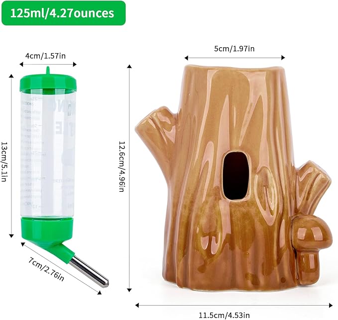 Stump-Shaped Ceramic Hamster Water Bottle - Leak Proof Small Animal Waterer with Bracket, 4.27oz(125ML) for Syrian Dwarf Hamster, Mice, Chinchillas (Brown + Green, Middle Size)