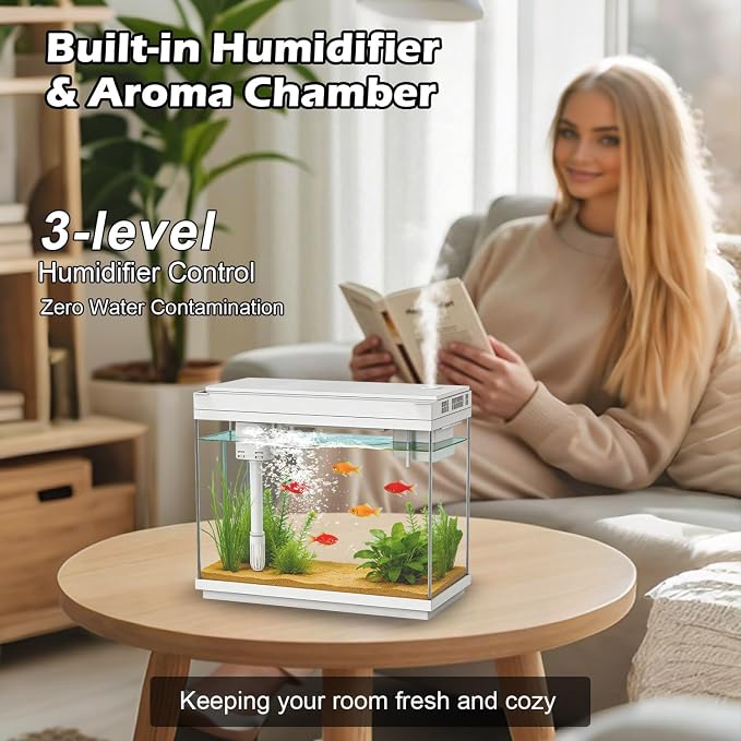 Smart Aquarium Fish Tank with Silent Water Pump, 2.4 Gallon Small Aquarium with Quick Start Kit, Temperature Display, Humidifier and RGB Lights, Perfect for Home, Office, and Decor, White