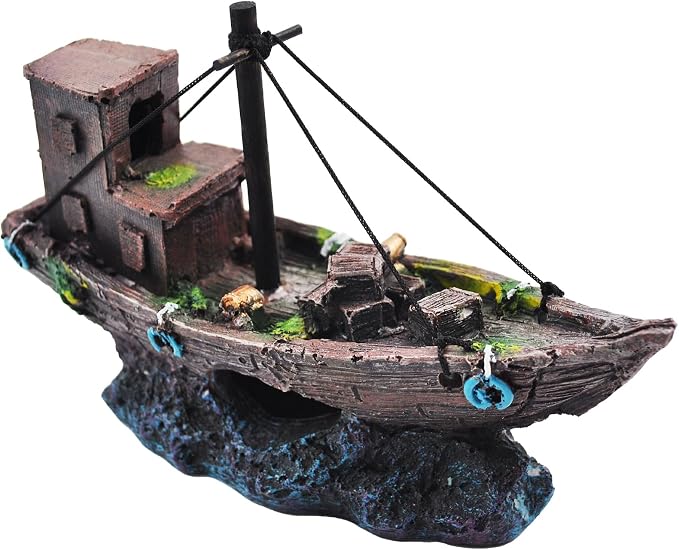 kathson Aquarium Shipwreck Decor Fish Tank Sunken Ship Ornament Pirate Shipwreck Decoration Resin Sunken Boat Betta Fish Sunken Ships Accessories for Freshwater Saltwater Tanks, Dark Brown