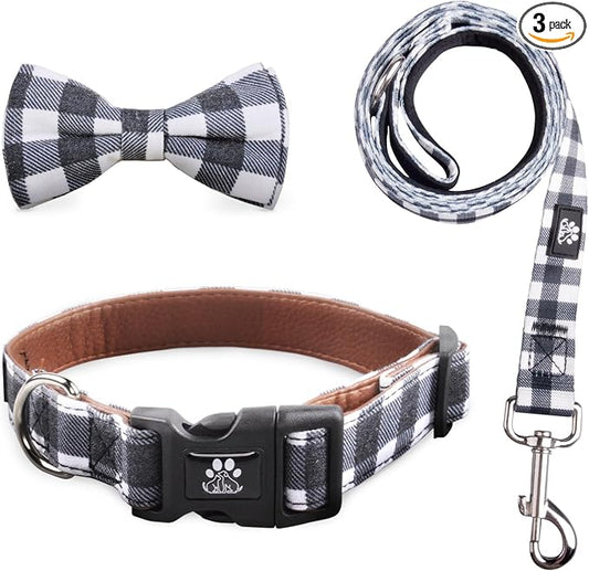 IVY&LANE Dog Collar with Bowtie and Leash Set | Plaid Adjustable Dog Collar | Detachable Bow Tie |5 FT Dog Leash | for Small Medium Large Dogs | Checkered Black | Small