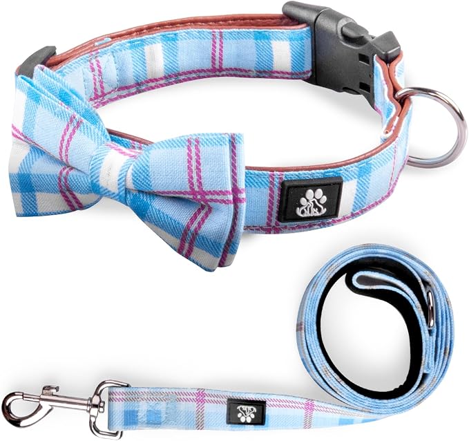 IVY&LANE Dog Collar with Bowtie and Leash Set | Plaid Adjustable Dog Collar | Detachable Bow Tie |5 FT Dog Leash | for Small Medium Large Dogs | Checkered Blue | Large