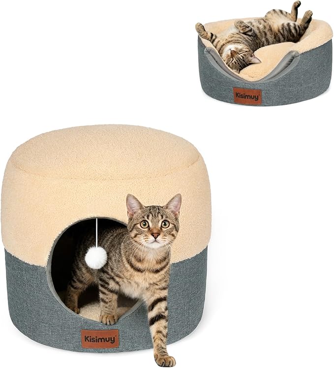 2-in-1 Cat Cave Bed & Lounger with Reversible Plush Cushion, Cat Bed for Indoor Cats, Foldable Anti-Slip Cat House - Calming Cozy Hideaway for Kitten &Small Cats with Anxiety Relief, 15.7in