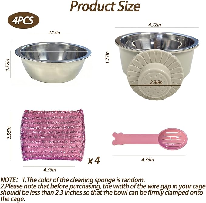 kathson Lightweight Stainless Steel Pet Bowls, Removable Crate Dog Bowl Hanging Pet Food Water Feeder Bowl, Cage Coop Cup for Puppy Cat Rabbit Ferret Birds Guinea Pigs (4pcs)