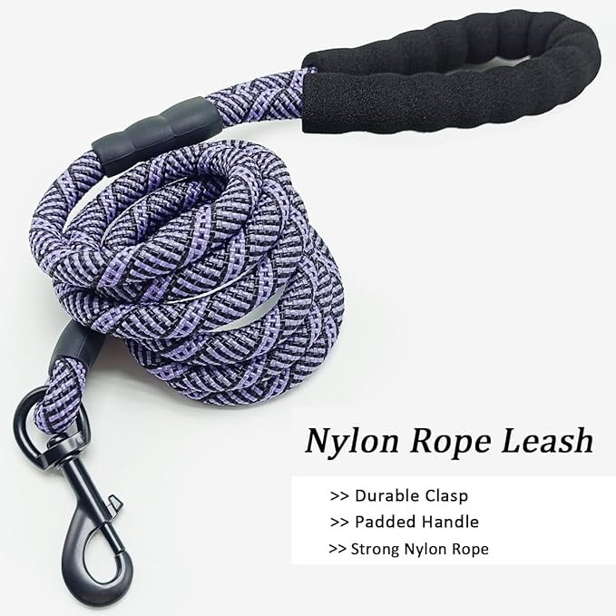 MayPaw Heavy Duty Rope Dog Leash, 6/8/10FT Nylon Pet Leash, Soft Padded Handle Thick Lead Leashes for Large Medium Dogs Walking Roaming (6ft * 1/2", Purple Black)