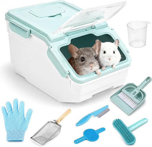 Extra Large Chinchilla Sand Bath Container Kit, Plastic Chinchilla Dust Bath House with Wash and Care Accessories, Dust Bathtub for Hamster Hedgehog Guinea Pig and Other Small Animals