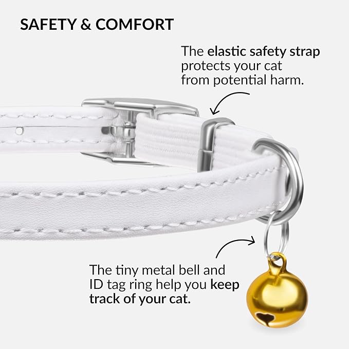 CollarDirect Leather Cat Collar with Removable Bell – Safety Elastic Strap (Breakaway Alternative) – Kitten Collar for Small & Big Boy & Girl Cats