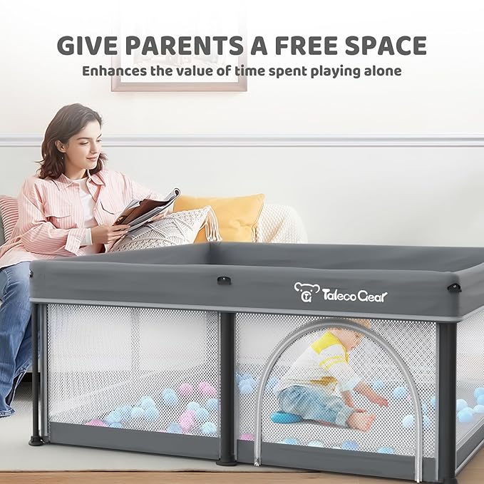 Taleco Gear Foldable Baby Play Pen with Mat, 50''x50'' Playpen for Babies and Toddlers, Playpen for Baby with Gate, Breathable,Foldable Travel Play Pen with 50 Ocean Balls
