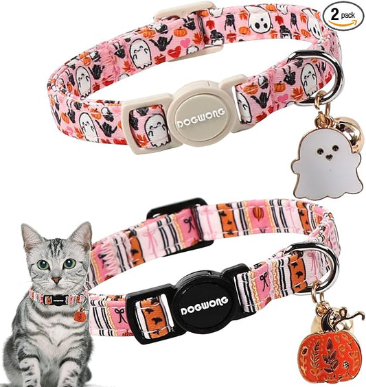 2 Pack Fall Cat Collars Breakaway with Bell, DOGWONG Safety Buckle Fall Halloween Ghost Cute Cat Collar for Girl Boy Cats，Adjustable 7-12 Inch