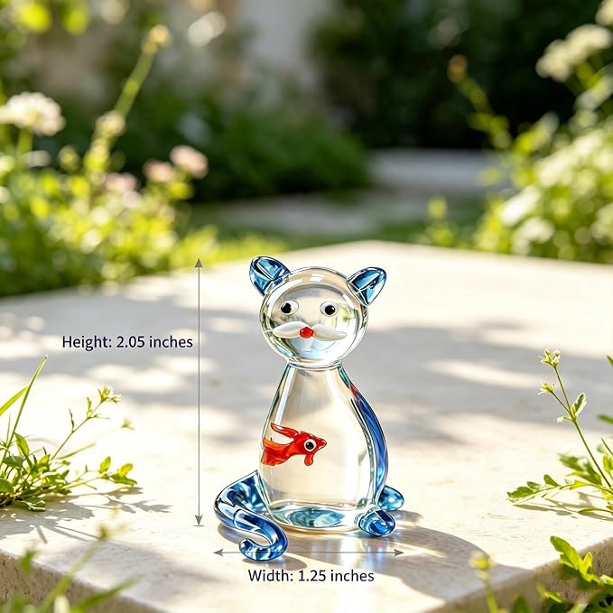 Hand Blown Glass Cat Figurine with Goldfish Inside, Mini Art Glass Cat Statue Ornament, Cute Handmade Crystal Animal Collectible Figurines for Home Desktop Decor, Birthday Gift for Cat Lovers (Cat)