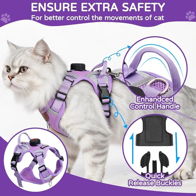 Large Cat Harness and Leash Set with Holder Compatible with AirTag, Upgraded Escape Proof Vest for Extra Large Cats Small Dogs Puppy, Reflective Adjustable Breathable Mesh Walking Jacket, Purple, XL