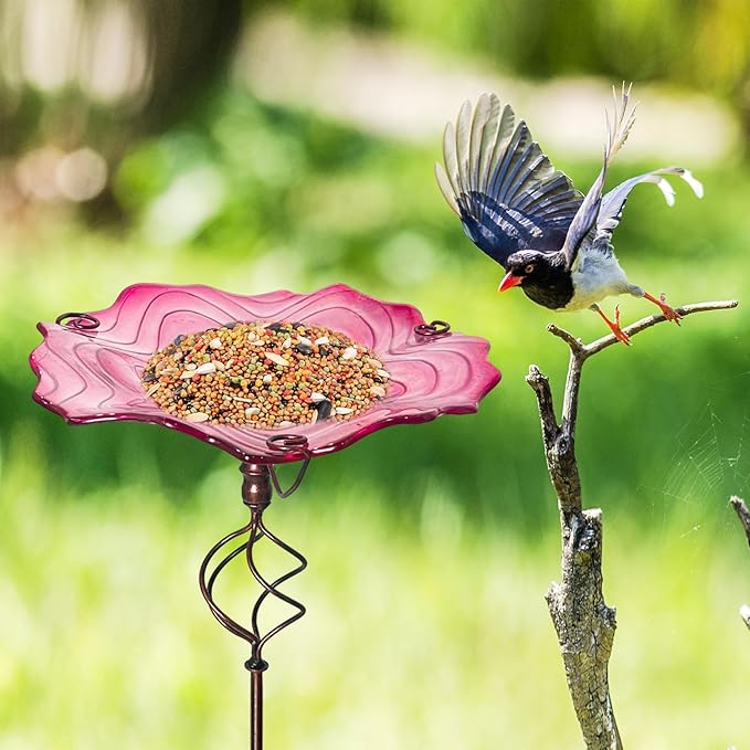 HONGLAND Bird Baths for Outside,12" Small Pink Glass Birdbaths Outdoor,Detachable Bird Feeder with Metal Stake for Garden Yard Patio Decor,32" Height