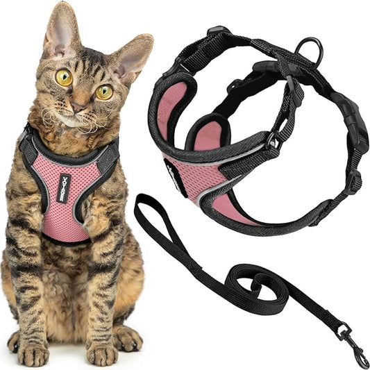 Voyager Escape-Proof Step-in Lock Cat Harness & 5ft Neoprene-Handle Leash Set All-Weather Mesh with Reflective Stitching for Small to Large Cats by Best Pet Supplies, Black Trim-Pink (327), S
