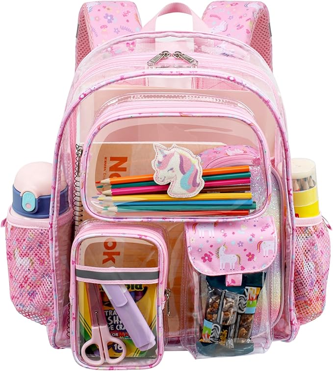 Clear Backpack for Girls - 15 Inch Heavy Duty Transparent Kids Backpacks for School, PVC Bookbag with 3 Front Pockets for Kids Aged 3 to 8, Pink Unicorn