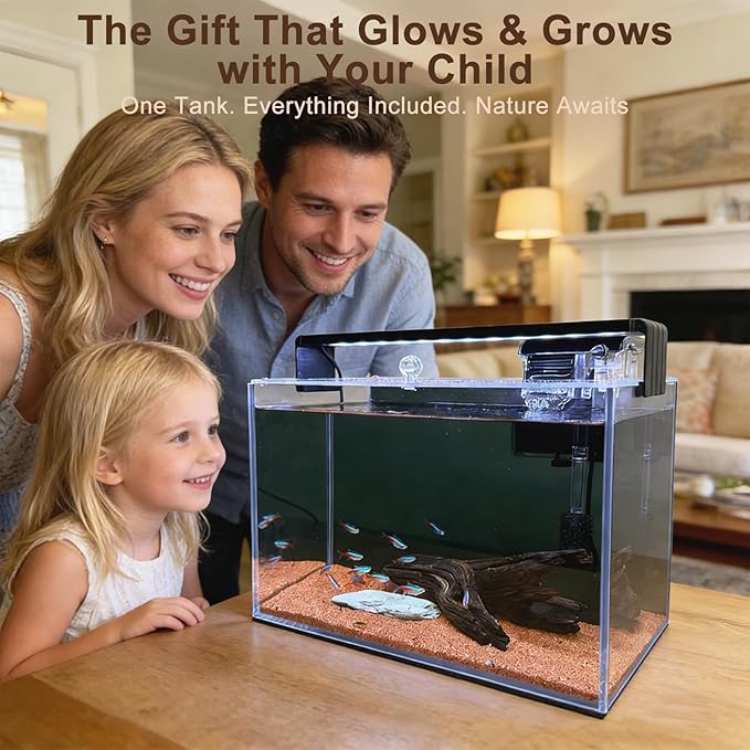3.2 Gallon Fish Tank,Nano Nature Aquarium Kit,Small Starter Kit,Ultra-Clear Rimless Desktop Small Aquarium with Filter,Light,Rainforest Sand,Rock for Betta,Shrimp,Goldfish. Black Glass