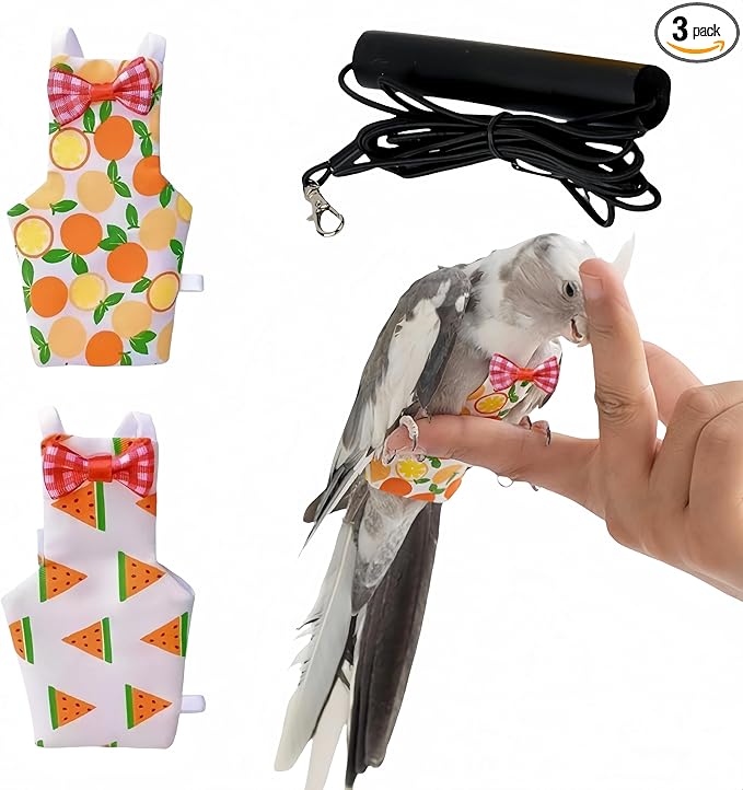 2 Pcs Bird Diapers Bird Harness Flight Suits Diapers with 80in Flying Leash Reusable Parrot Nappy with Waterproof Inner Layer for Cockatiel Budgie Conure Parakeet Lovebird-Watermelon&Orange