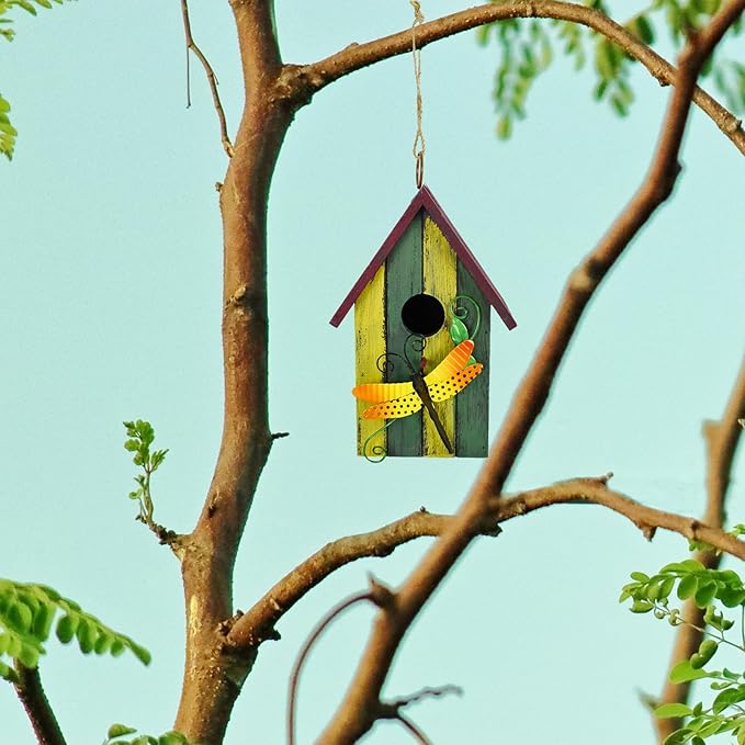 Wood Bird Houses for Outside, Hanging Bluebird House Nest Box Garden Patio Outdoor Decorative Bird Houses Vintage Rustic Wooden Birdhouse Bird Box Home for Finch Wren Chickadee Cardinals (Dragonfly)
