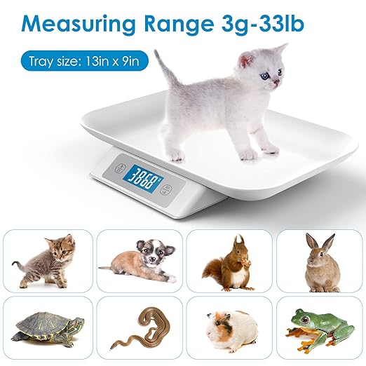 Digital Pet Scale for Small Adult Cats and Animals, Measuring Range 0.1oz-33lbs, Accuracy 1g/0.035oz, Units g/kg/lb/oz/tl/ml, Suitable for Kittens, Puppies, Snakes,and Small Dog (Grey)