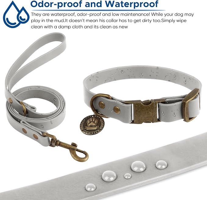 Wisedog Waterproof Dog Collar and Leash Set, Grey, Large | Adjustable Puppy Collar, Cute Tag, 5FT Leash, Includes Poop Bag, For Small Medium Large Dogs
