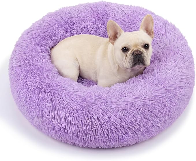 Calming Dog Bed for Medium Dogs Washable Donut 30 inches Anti-Slip Pet Bed,Round Fluffy Plush Faux Fur Cat Bed,Fits up to 45 lbs Pets,Purple