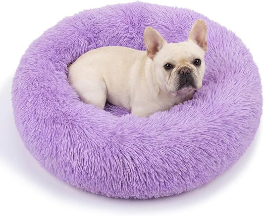 Calming Dog Bed for Medium Dogs Washable Donut 30 inches Anti-Slip Pet Bed,Round Fluffy Plush Faux Fur Cat Bed,Fits up to 45 lbs Pets,Purple