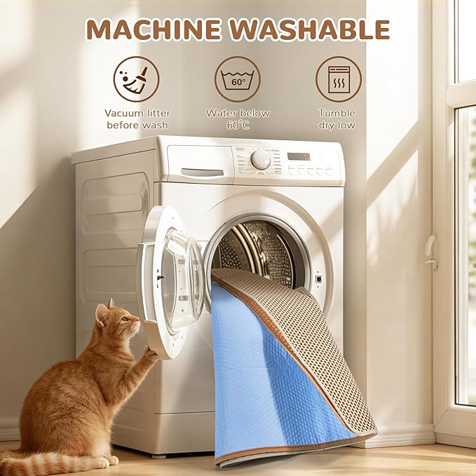 BurgeonNest Cat Litter Mat 47"x35", Machine Washable Leak-Proof & Urine-Resistant Cat Mat, Soft Felt Fabric for Fewer Creases, Non-Slip Double Layer Design for 3-4 Litter Boxes, Khaki