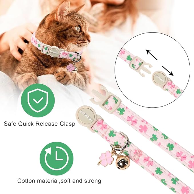 DOGWONG 2 Pack St Patricks Day Cat Collar Breakaway,Safety Adjustable Green Shamrock Cat Collars with Bell for Kitten