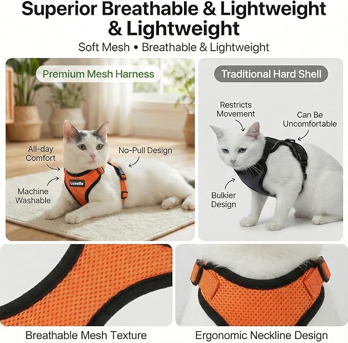 Luxelle 2 Pack Escape-Proof Cat Harness and Leash Set for Walking – Adjustable No Pull Soft Vest with Easy-Wear Buckle, Reflective Straps, Breathable Mesh – Outdoor Travel Harness for Cats & Kittens